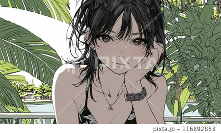 南国の海岸にビキニ姿でいる若い女性 116892883