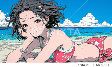 南国の海岸にビキニ姿でいる若い女性