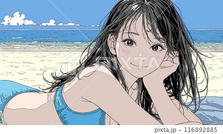 南国の海岸にビキニ姿でいる若い女性