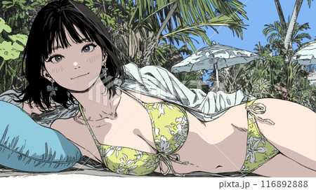 南国の海岸にビキニ姿でいる若い女性