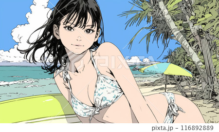 南国の海岸にビキニ姿でいる若い女性