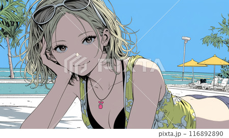 南国の海岸にビキニ姿でいる若い女性