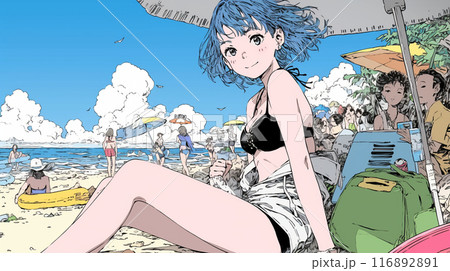 南国の海岸にビキニ姿でいる若い女性