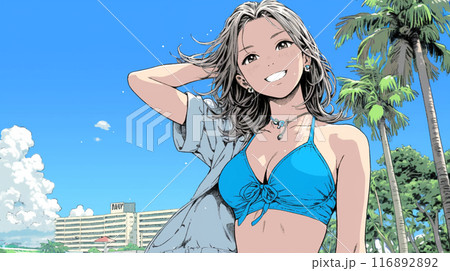 南国の海岸にビキニ姿でいる若い女性