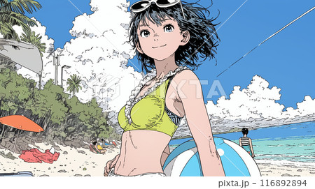 南国の海岸にビキニ姿でいる若い女性