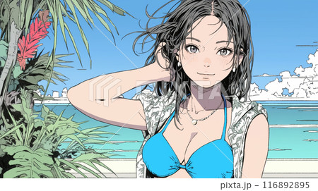 南国の海岸にビキニ姿でいる若い女性