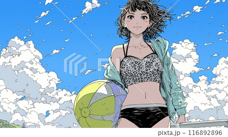 南国の海岸にビキニ姿でいる若い女性