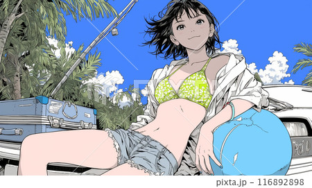 南国の海岸にビキニ姿でいる若い女性