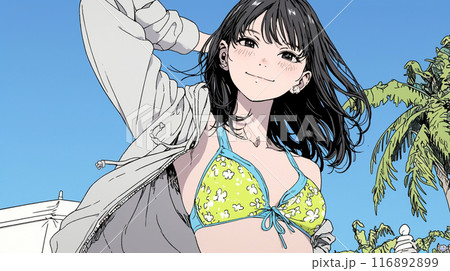南国の海岸にビキニ姿でいる若い女性