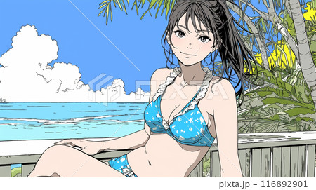 南国の海岸にビキニ姿でいる若い女性