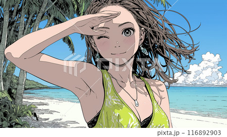 南国の海岸にビキニ姿でいる若い女性