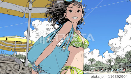 南国の海岸にビキニ姿でいる若い女性