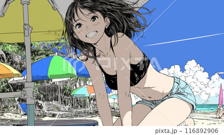 南国の海岸にビキニ姿でいる若い女性