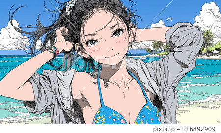 南国の海岸にビキニ姿でいる若い女性