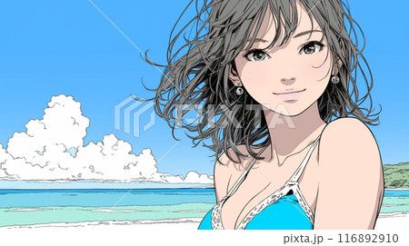 南国の海岸にビキニ姿でいる若い女性