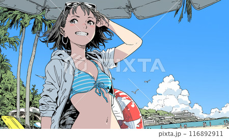 南国の海岸にビキニ姿でいる若い女性