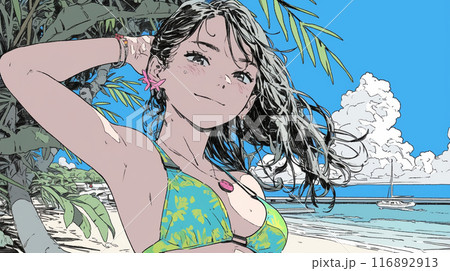 南国の海岸にビキニ姿でいる若い女性