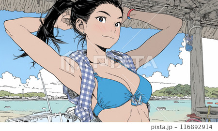 南国の海岸にビキニ姿でいる若い女性