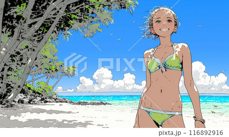 南国の海岸にビキニ姿でいる若い女性