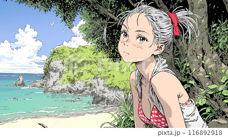 南国の海岸にビキニ姿でいる若い女性