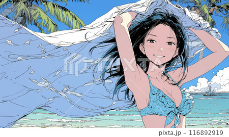 南国の海岸にビキニ姿でいる若い女性