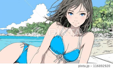 南国の海岸にビキニ姿でいる若い女性