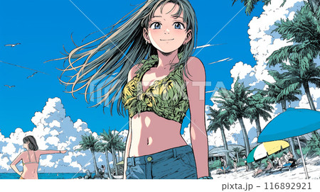 南国の海岸にビキニ姿でいる若い女性