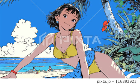南国の海岸にビキニ姿でいる若い女性