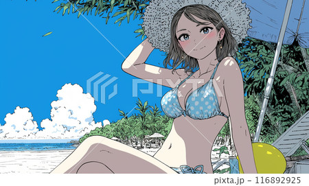 南国の海岸にビキニ姿でいる若い女性
