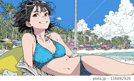 南国の海岸にビキニ姿でいる若い女性
