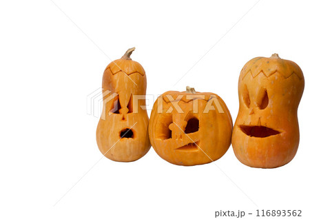 Three jack-o-lantern on a white background. Isolate. Halloween decoration. 116893562