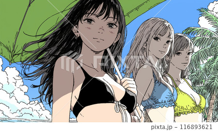 仲の良い友達同士で南国の海岸にビキニ姿でいる若い女性たち