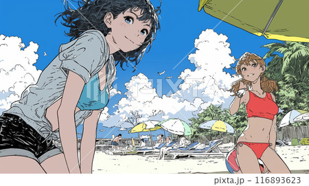 仲の良い友達同士で南国の海岸にビキニ姿でいる若い女性たち