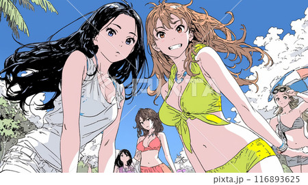 仲の良い友達同士で南国の海岸にビキニ姿でいる若い女性たち