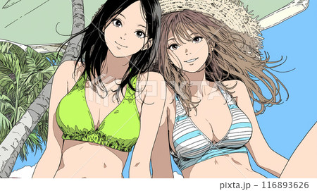 仲の良い友達同士で南国の海岸にビキニ姿でいる若い女性たち