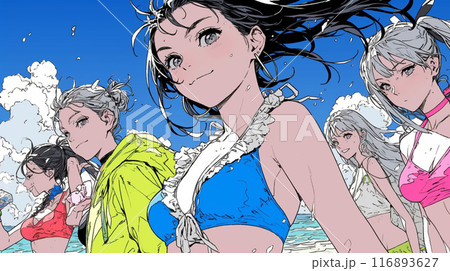 仲の良い友達同士で南国の海岸にビキニ姿でいる若い女性たち