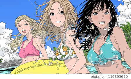 仲の良い友達同士で南国の海岸にビキニ姿でいる若い女性たち