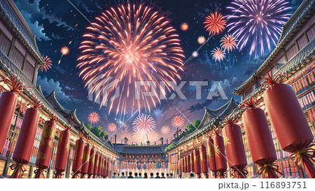 高層ビル群と市場の下で浮かぶ影法師たち - 都心絢爛漫画風景〜花火上がる、夏夜の暗黒舞台 116893751