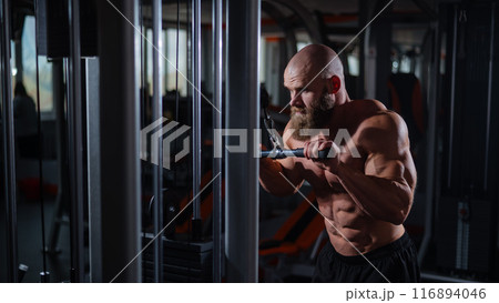 Bald Caucasian Bodybuilder doing heavy triceps exercises with cable. Bald Caucasian Bodybuilder doing heavy triceps exercises with cable. 116894046