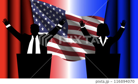 Two American political candidates, a Democrat and a Republican, together in a public debate 116894070