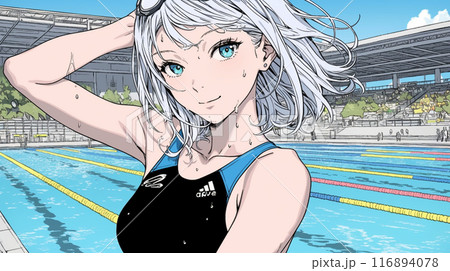 プールサイドに立つスクール水着姿の若い女性 116894078