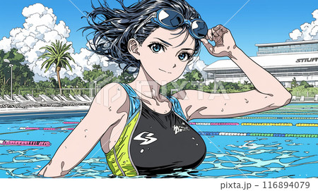 プールサイドに立つスクール水着姿の若い女性
