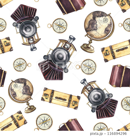 Railway travel. Seamless pattern of steam locomotives, suitcases and globes in vintage style. Handmade watercolor illustration. For textiles, wallpaper, wrapping paper. 116894296