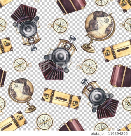 Railway travel. Seamless pattern of steam locomotives, suitcases and globes in vintage style. Handmade watercolor illustration. For textiles, wallpaper, wrapping paper. 116894296