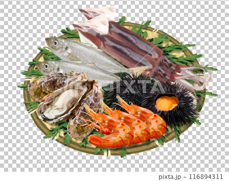 海の幸セット（ザル、ヒノキの葉付き） 116894311