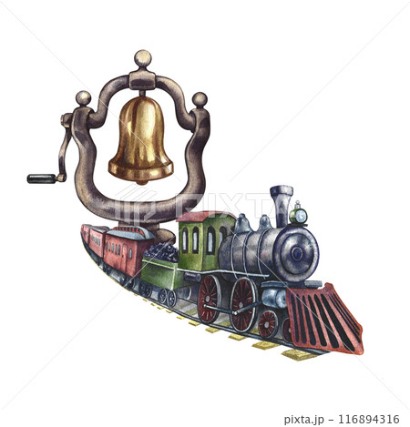 Vintage steam locomotive and steam locomotive bell. Traveling by train. Handmade watercolor illustration in vintage style. For postcards, badges and emblems, posters, prints or stickers, tickets. 116894316