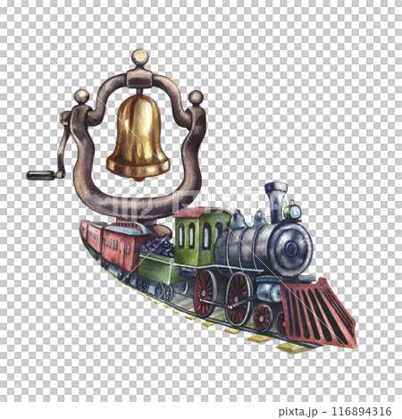 Vintage steam locomotive and steam locomotive bell. Traveling by train. Handmade watercolor illustration in vintage style. For postcards, badges and emblems, posters, prints or stickers, tickets. 116894316