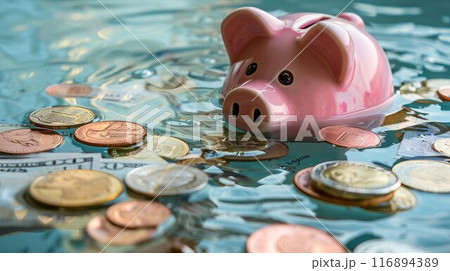 水浸しの豚の貯金箱とお金 116894389