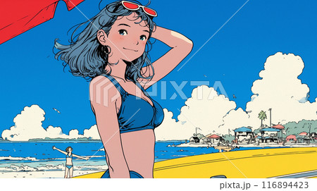 沖縄の海岸でビキニ姿でサーフボードを持った若い女性