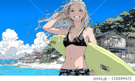 沖縄の海岸でビキニ姿でサーフボードを持った若い女性